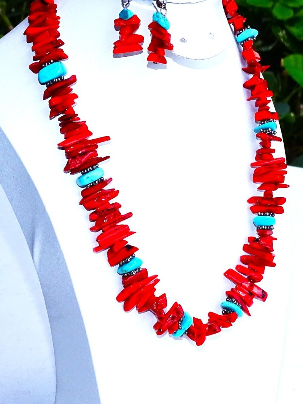 Faux Coral and Turquoise Necklace with Matching Pierced Earrings